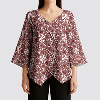 Hibiscus Bloom Island Tribal Waves Kimono Sleeve Blouse Red Polynesian Pattern