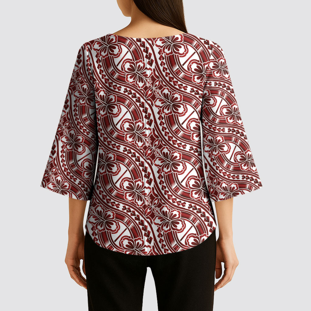 Hibiscus Bloom Island Tribal Waves Kimono Sleeve Blouse Red Polynesian Pattern