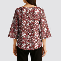 Hibiscus Bloom Island Tribal Waves Kimono Sleeve Blouse Red Polynesian Pattern
