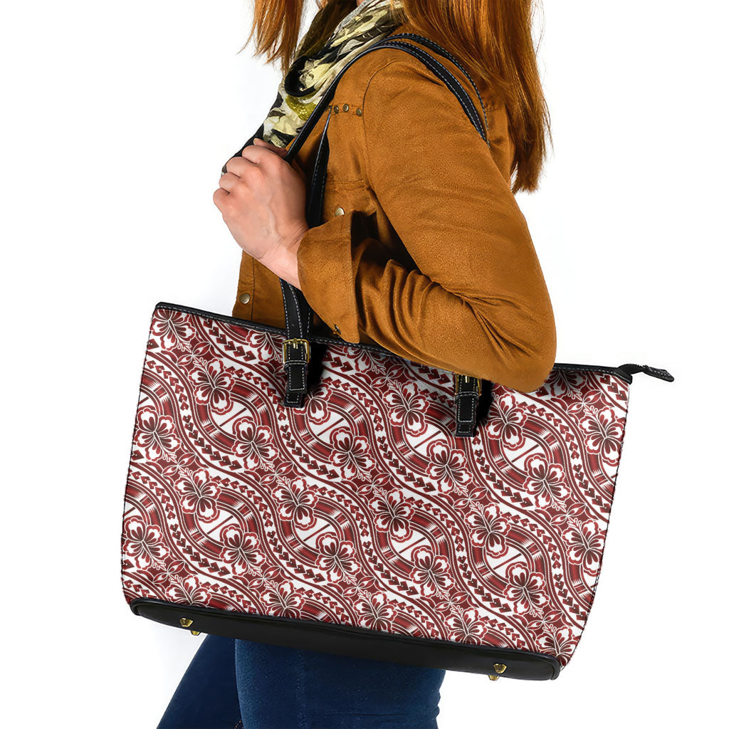 Hibiscus Bloom Island Tribal Waves Leather Tote Bag Red Polynesian Pattern