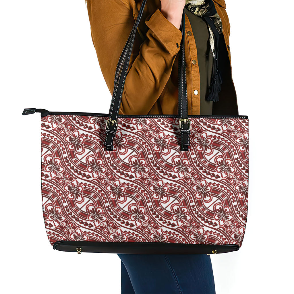 Hibiscus Bloom Island Tribal Waves Leather Tote Bag Red Polynesian Pattern