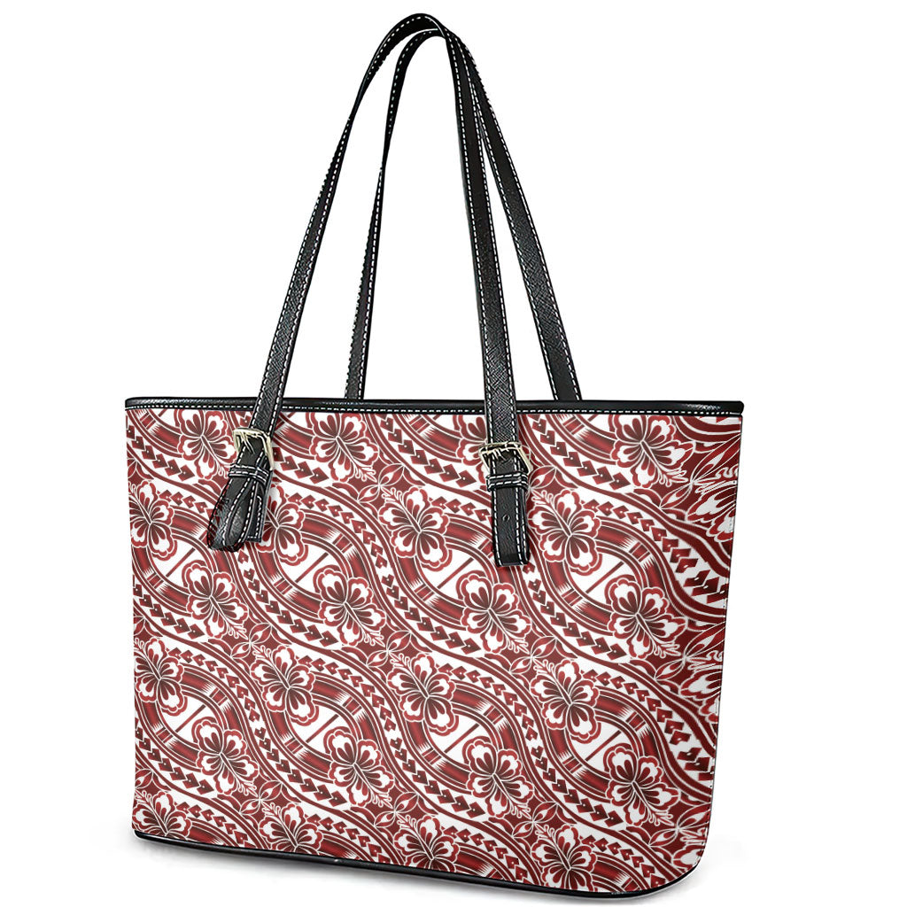 Hibiscus Bloom Island Tribal Waves Leather Tote Bag Red Polynesian Pattern