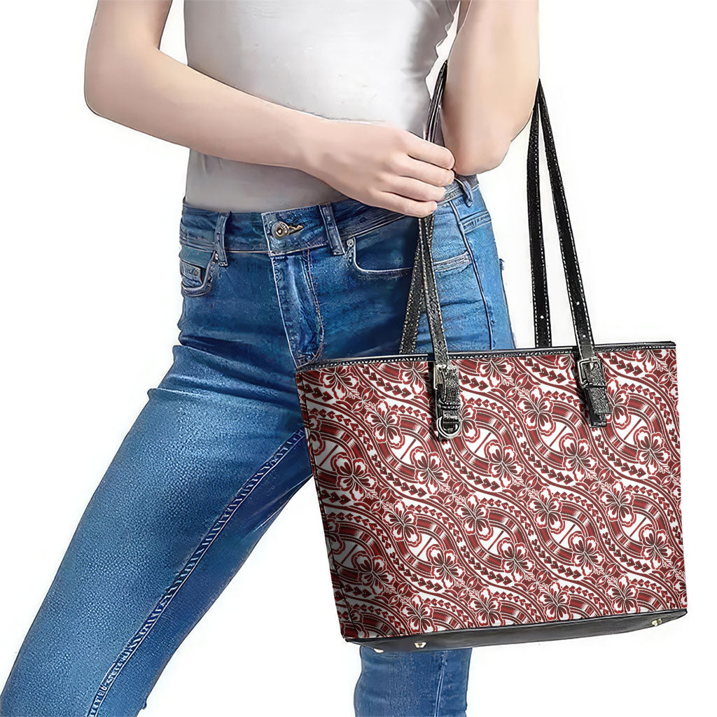 Hibiscus Bloom Island Tribal Waves Leather Tote Bag Red Polynesian Pattern