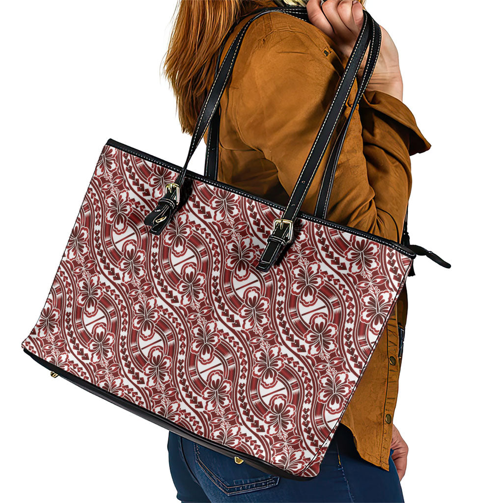 Hibiscus Bloom Island Tribal Waves Leather Tote Bag Red Polynesian Pattern