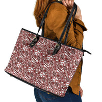 Hibiscus Bloom Island Tribal Waves Leather Tote Bag Red Polynesian Pattern