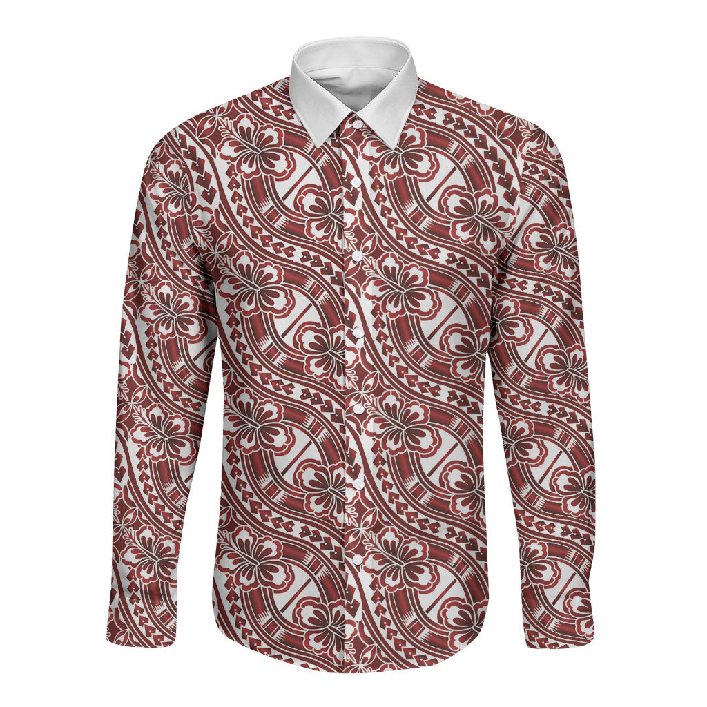 Hibiscus Bloom Island Tribal Waves Long Sleeve Button Shirt Red Polynesian Pattern