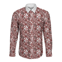 Hibiscus Bloom Island Tribal Waves Long Sleeve Button Shirt Red Polynesian Pattern