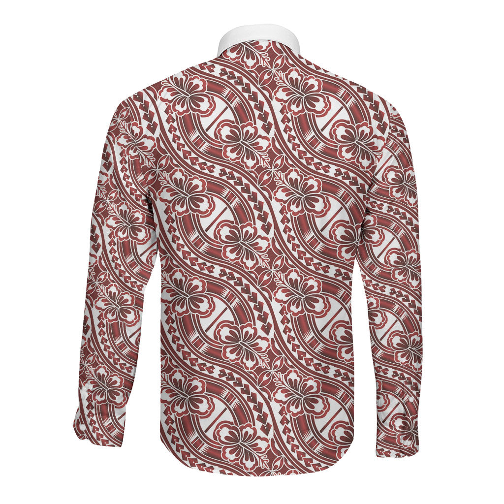 Hibiscus Bloom Island Tribal Waves Long Sleeve Button Shirt Red Polynesian Pattern