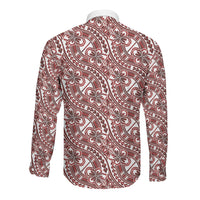 Hibiscus Bloom Island Tribal Waves Long Sleeve Button Shirt Red Polynesian Pattern
