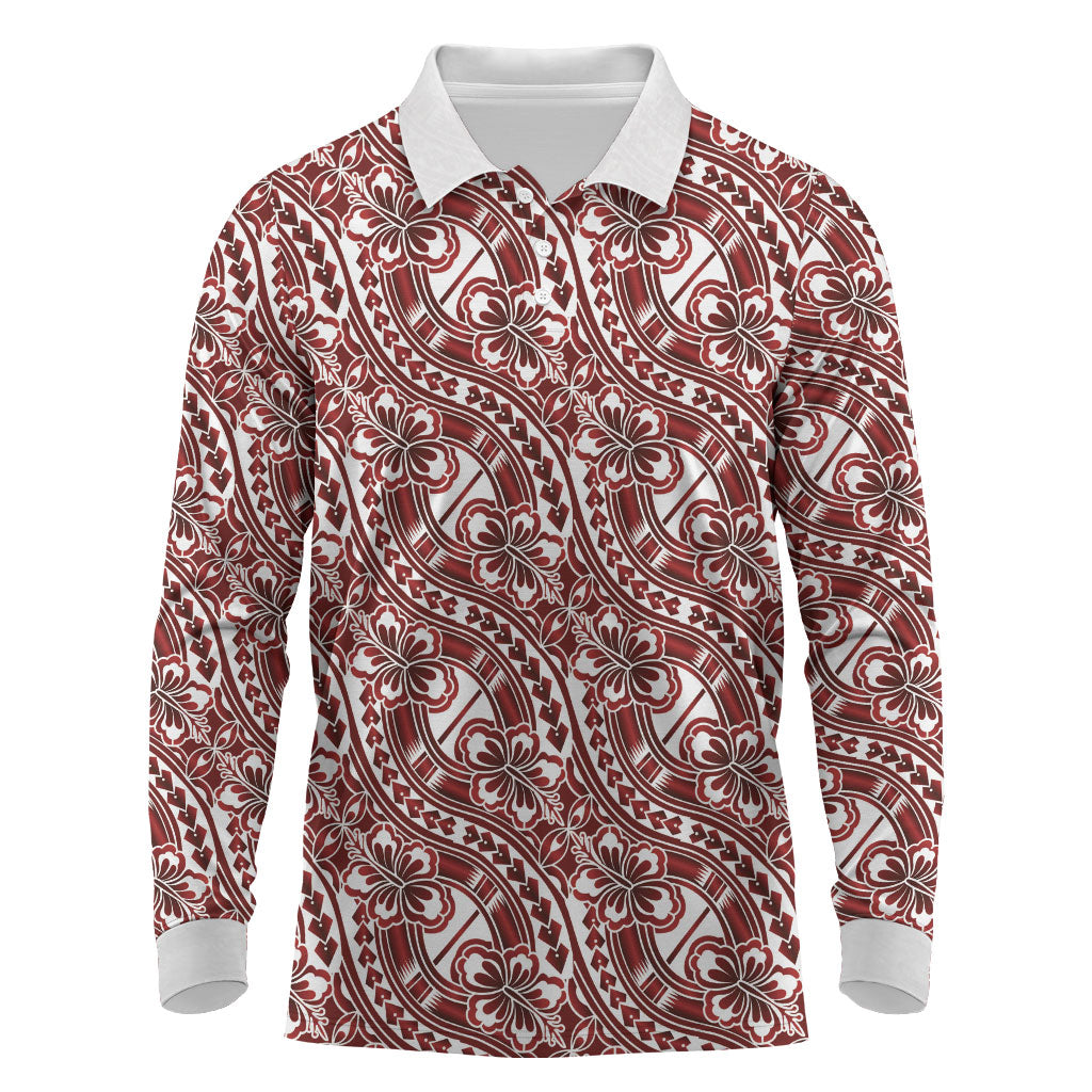 Hibiscus Bloom Island Tribal Waves Long Sleeve Polo Shirt Red Polynesian Pattern