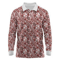 Hibiscus Bloom Island Tribal Waves Long Sleeve Polo Shirt Red Polynesian Pattern