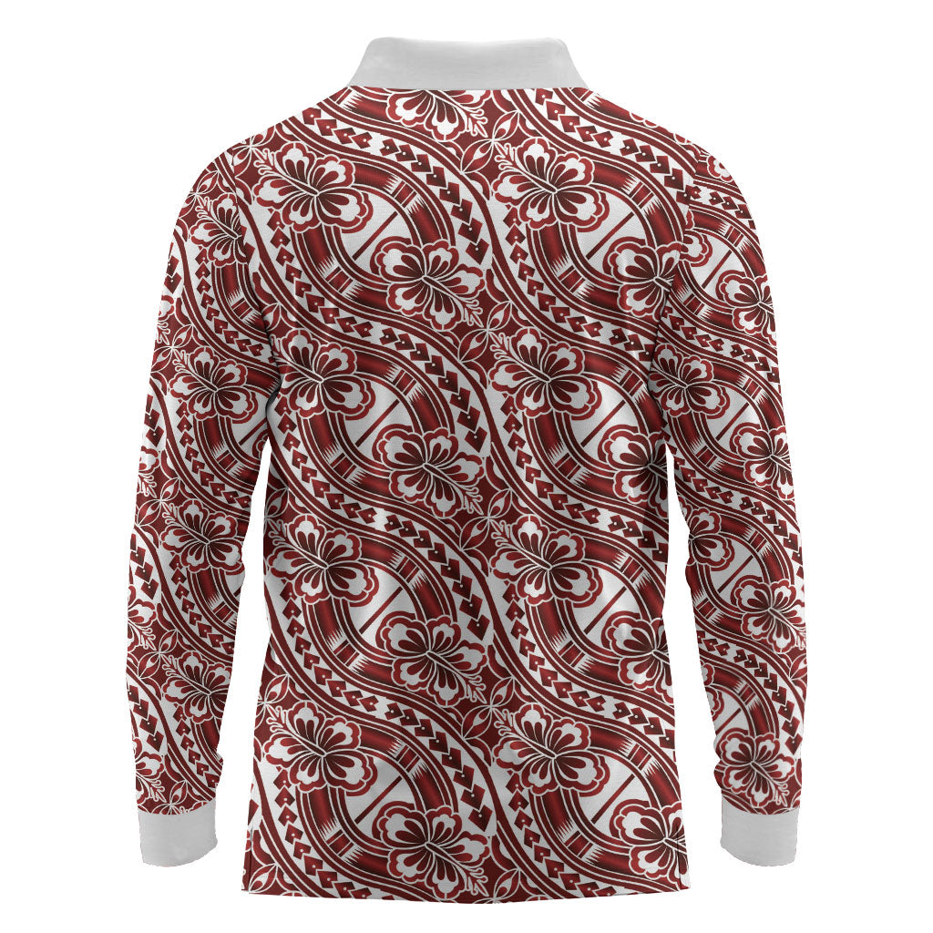 Hibiscus Bloom Island Tribal Waves Long Sleeve Polo Shirt Red Polynesian Pattern