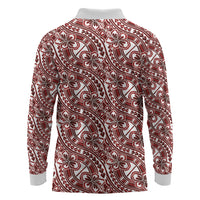Hibiscus Bloom Island Tribal Waves Long Sleeve Polo Shirt Red Polynesian Pattern