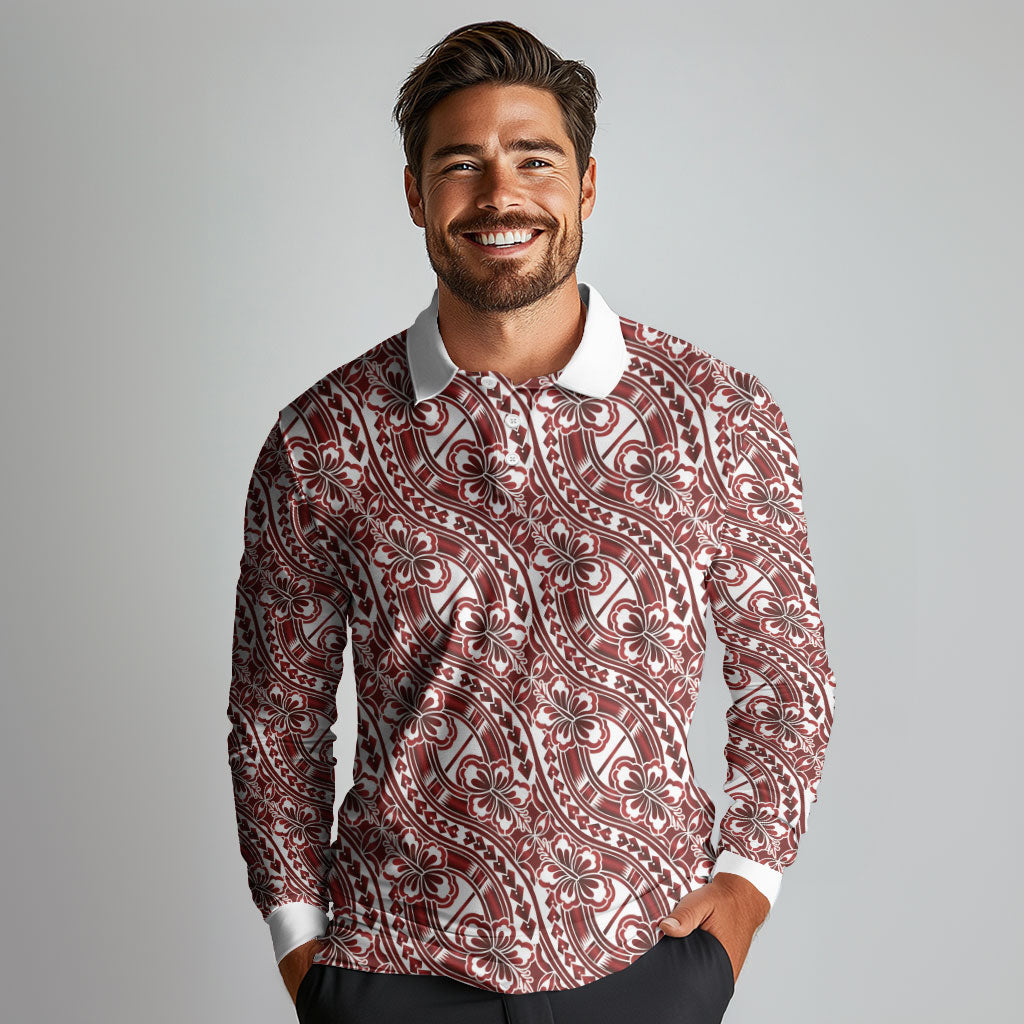 Hibiscus Bloom Island Tribal Waves Long Sleeve Polo Shirt Red Polynesian Pattern