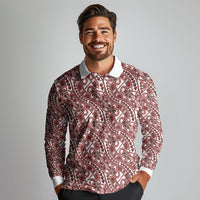 Hibiscus Bloom Island Tribal Waves Long Sleeve Polo Shirt Red Polynesian Pattern