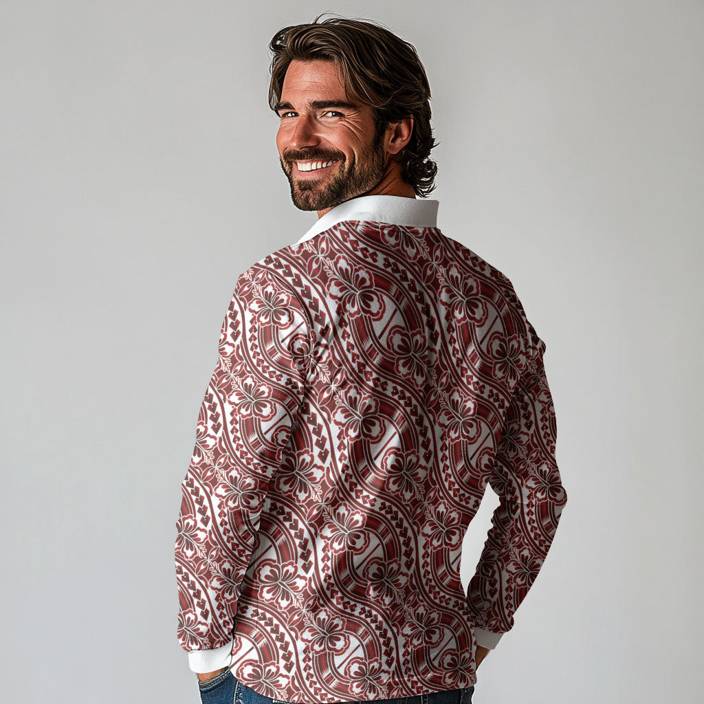 Hibiscus Bloom Island Tribal Waves Long Sleeve Polo Shirt Red Polynesian Pattern