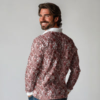 Hibiscus Bloom Island Tribal Waves Long Sleeve Polo Shirt Red Polynesian Pattern
