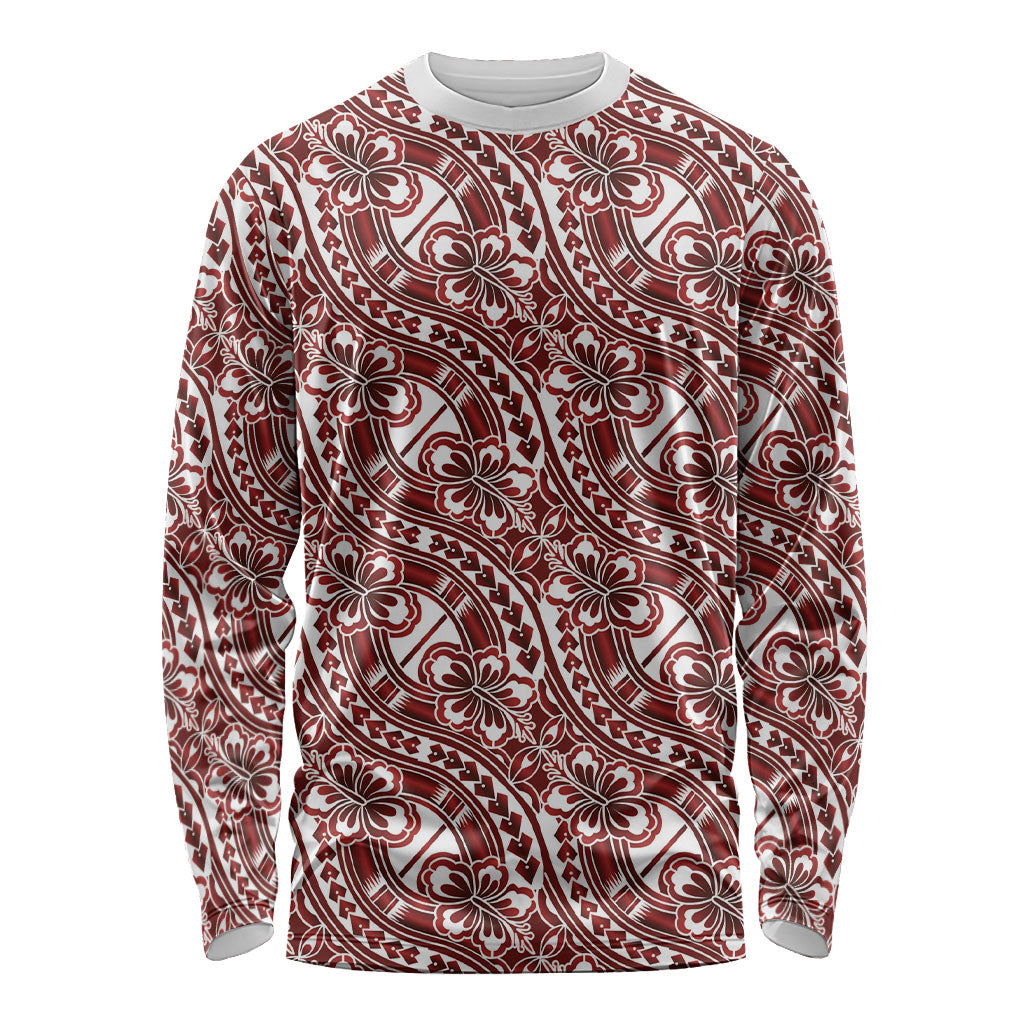 Hibiscus Bloom Island Tribal Waves Long Sleeve Shirt Red Polynesian Pattern