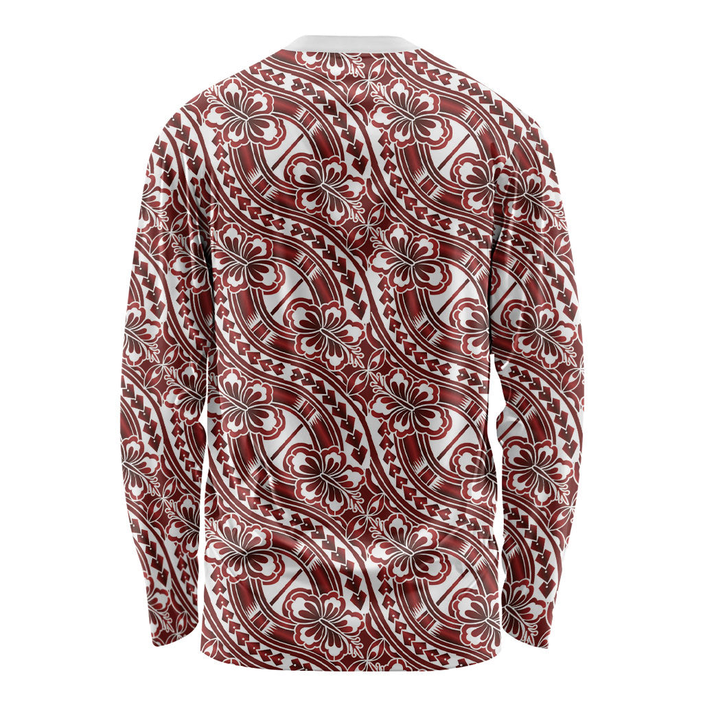 Hibiscus Bloom Island Tribal Waves Long Sleeve Shirt Red Polynesian Pattern