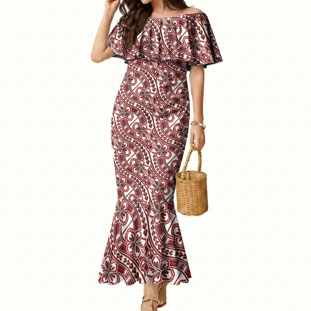 Hibiscus Bloom Island Tribal Waves Mermaid Dress Red Polynesian Pattern