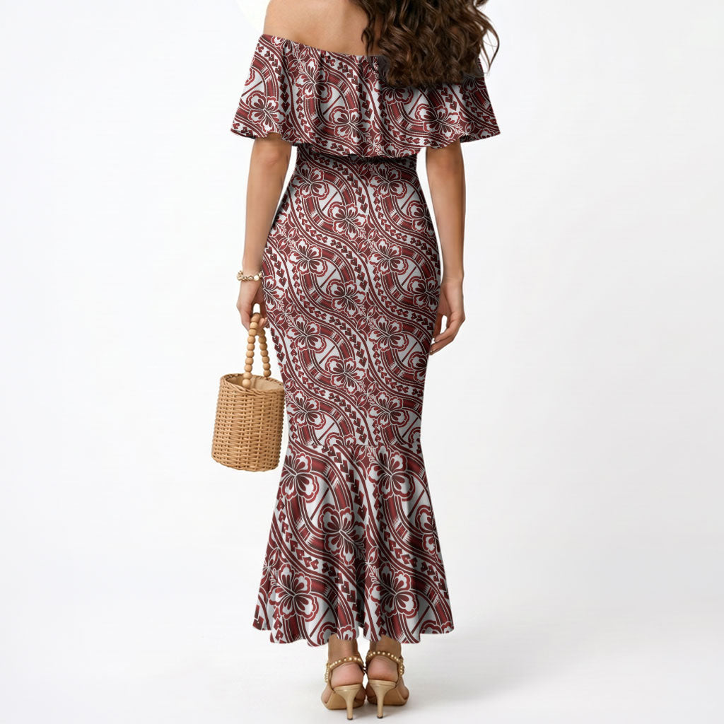Hibiscus Bloom Island Tribal Waves Mermaid Dress Red Polynesian Pattern