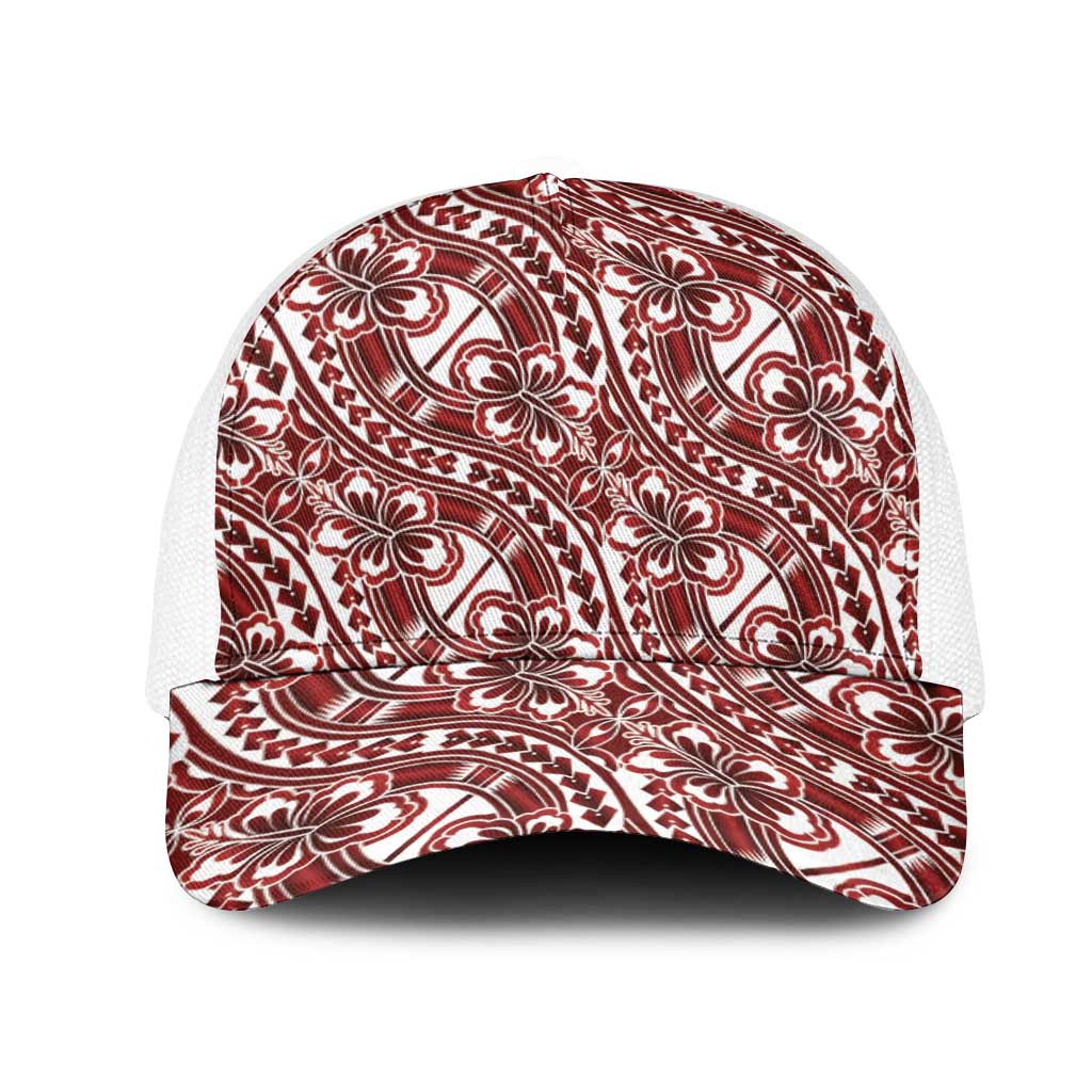Hibiscus Bloom Island Tribal Waves Mesh Trucker Cap Red Polynesian Pattern