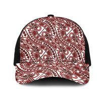 Hibiscus Bloom Island Tribal Waves Mesh Trucker Cap Red Polynesian Pattern