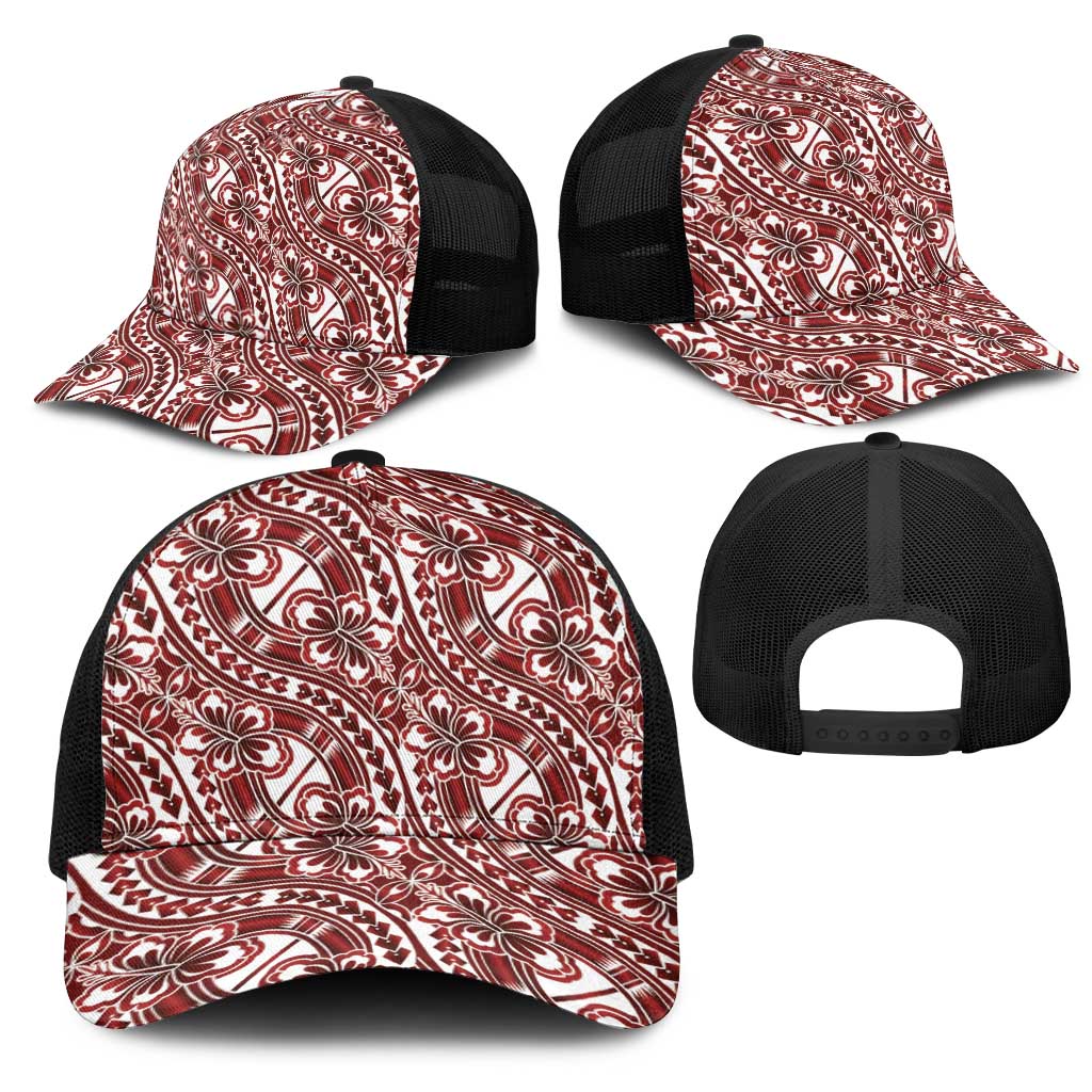 Hibiscus Bloom Island Tribal Waves Mesh Trucker Cap Red Polynesian Pattern