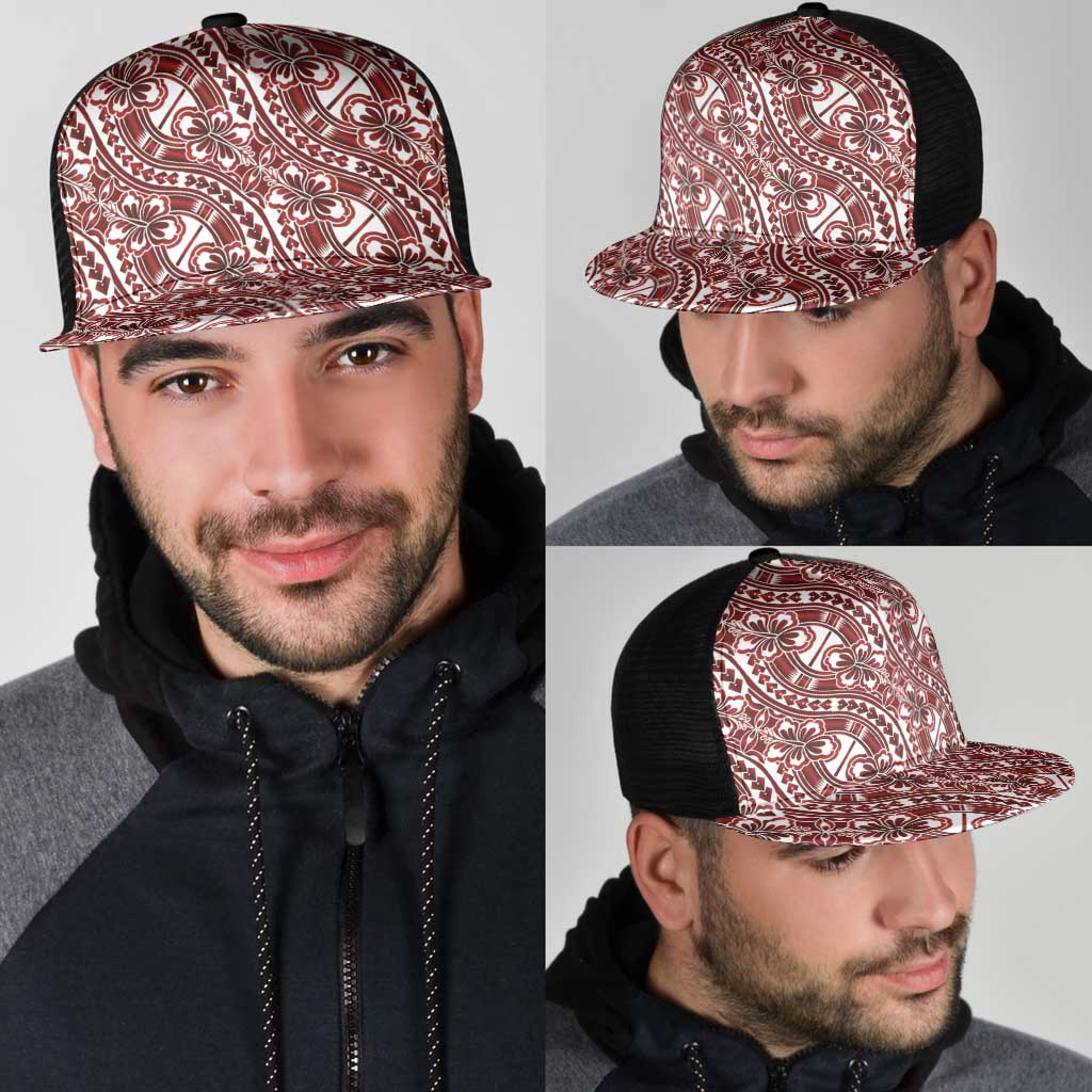 Hibiscus Bloom Island Tribal Waves Mesh Trucker Cap Red Polynesian Pattern