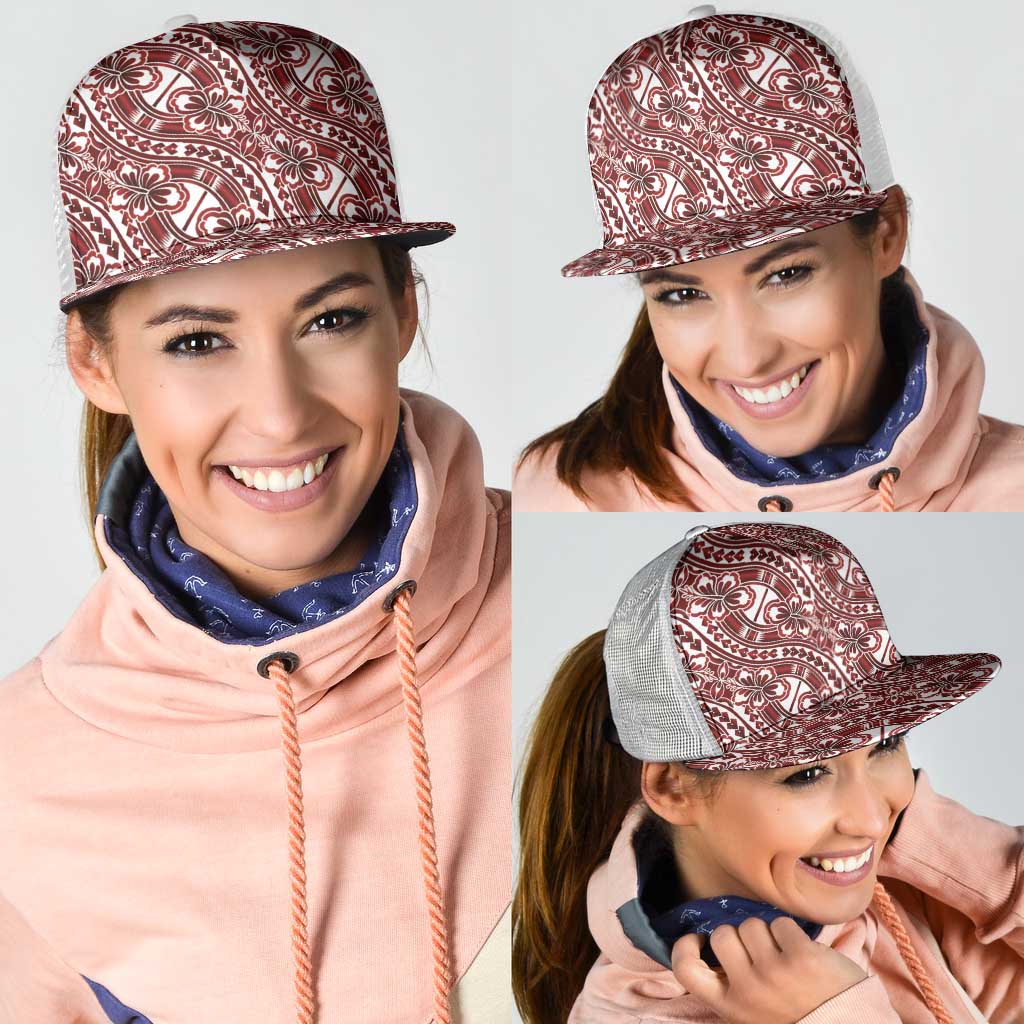 Hibiscus Bloom Island Tribal Waves Mesh Trucker Cap Red Polynesian Pattern