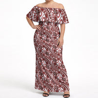 Hibiscus Bloom Island Tribal Waves Off Shoulder Maxi Dress Red Polynesian Pattern