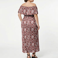 Hibiscus Bloom Island Tribal Waves Off Shoulder Maxi Dress Red Polynesian Pattern