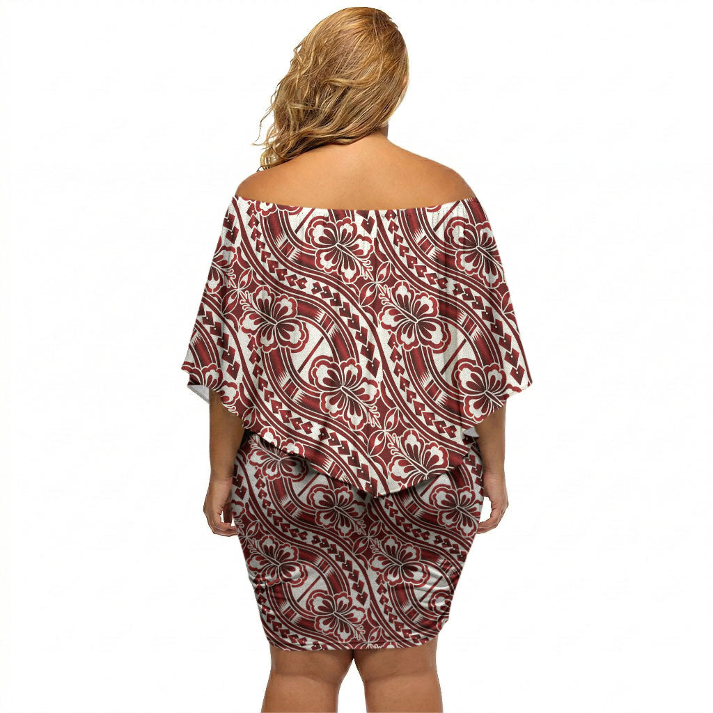 Hibiscus Bloom Island Tribal Waves Off Shoulder Short Dress Red Polynesian Pattern