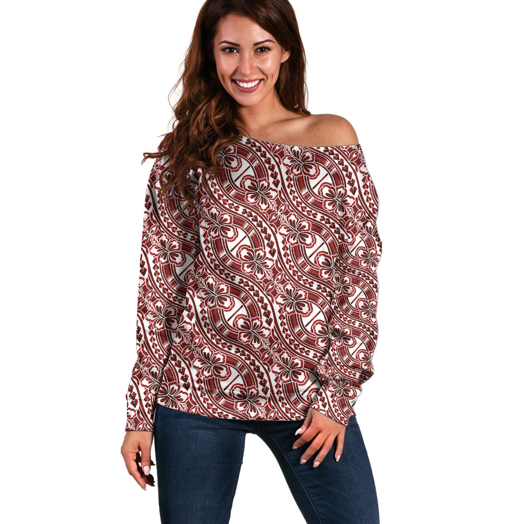 Hibiscus Bloom Island Tribal Waves Off Shoulder Sweater Red Polynesian Pattern