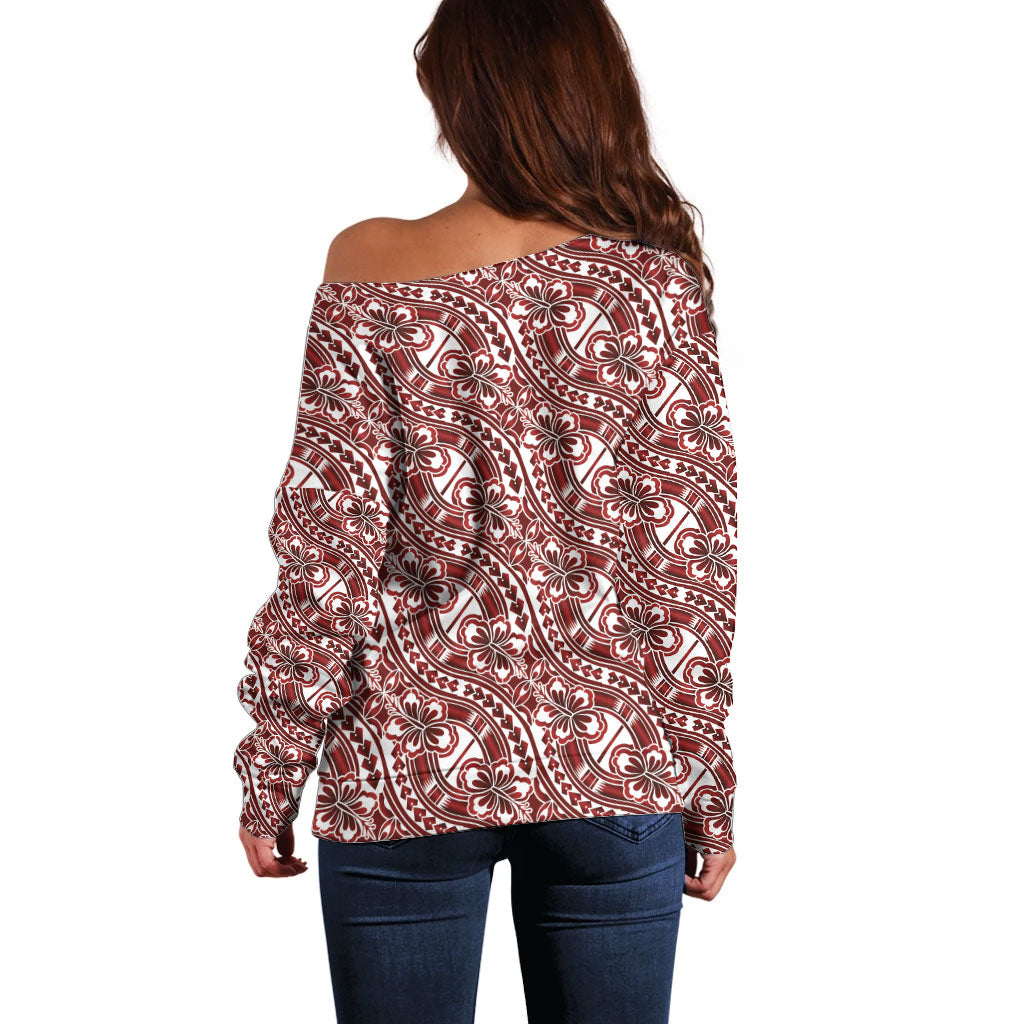 Hibiscus Bloom Island Tribal Waves Off Shoulder Sweater Red Polynesian Pattern