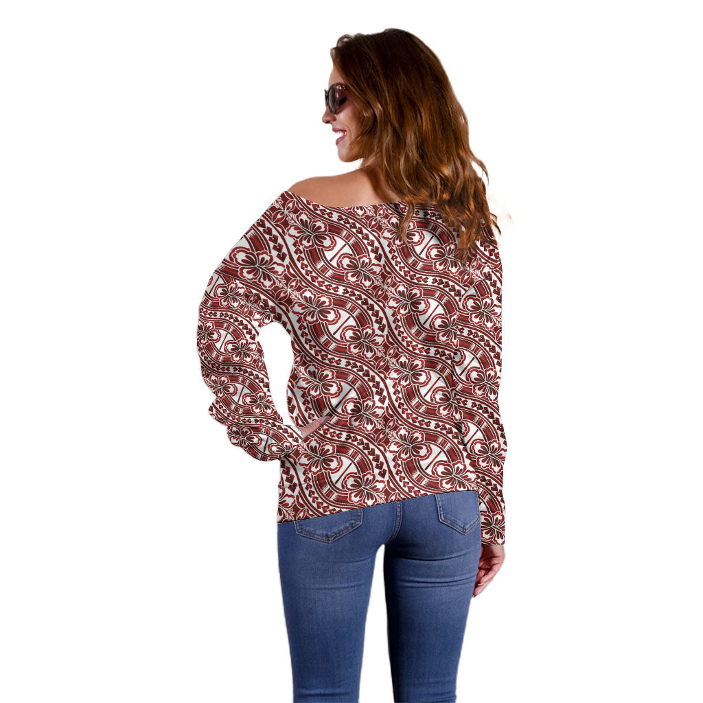 Hibiscus Bloom Island Tribal Waves Off Shoulder Sweater Red Polynesian Pattern