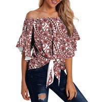 Hibiscus Bloom Island Tribal Waves Off Shoulder Wrap Waist Top Red Polynesian Pattern