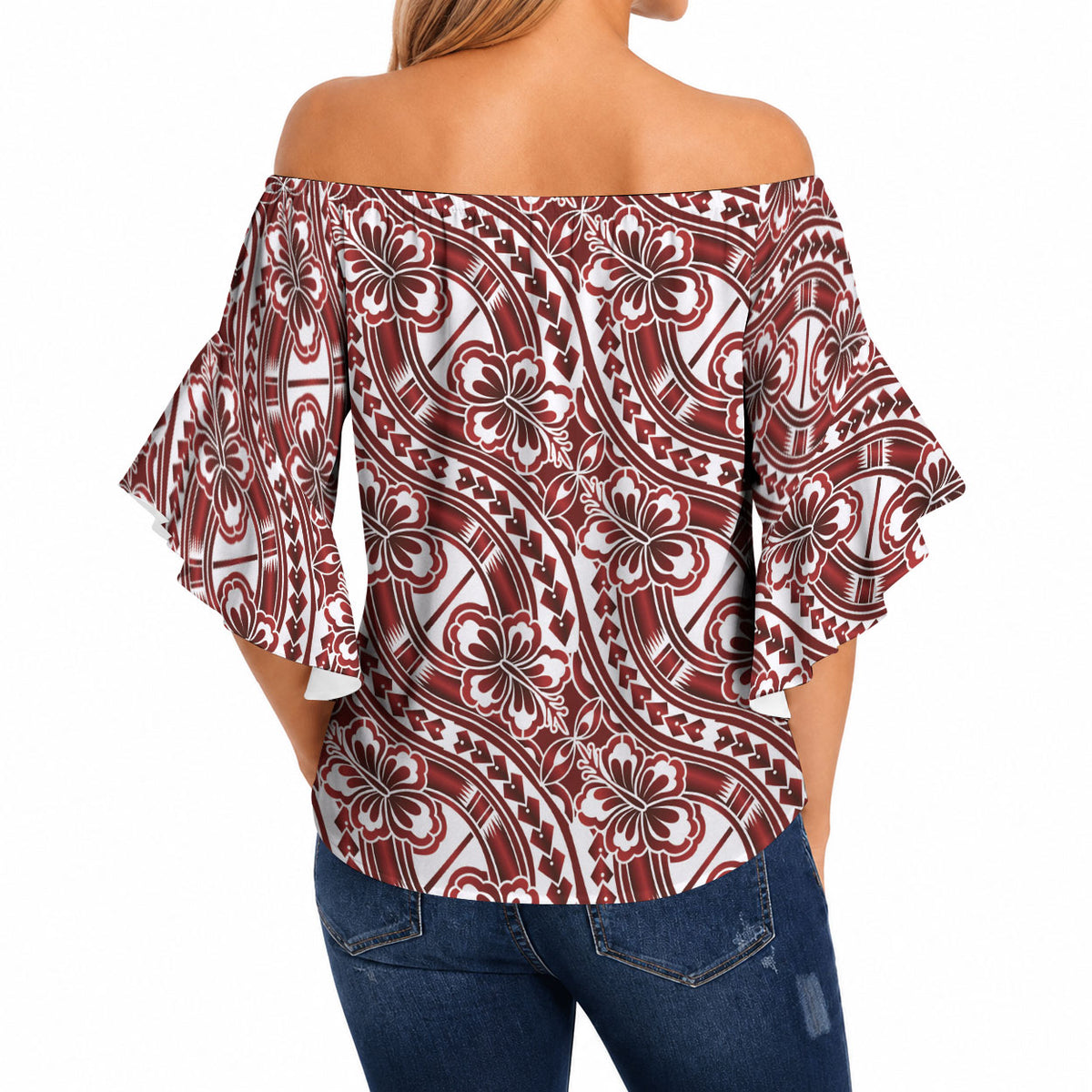 Hibiscus Bloom Island Tribal Waves Off Shoulder Wrap Waist Top Red Polynesian Pattern