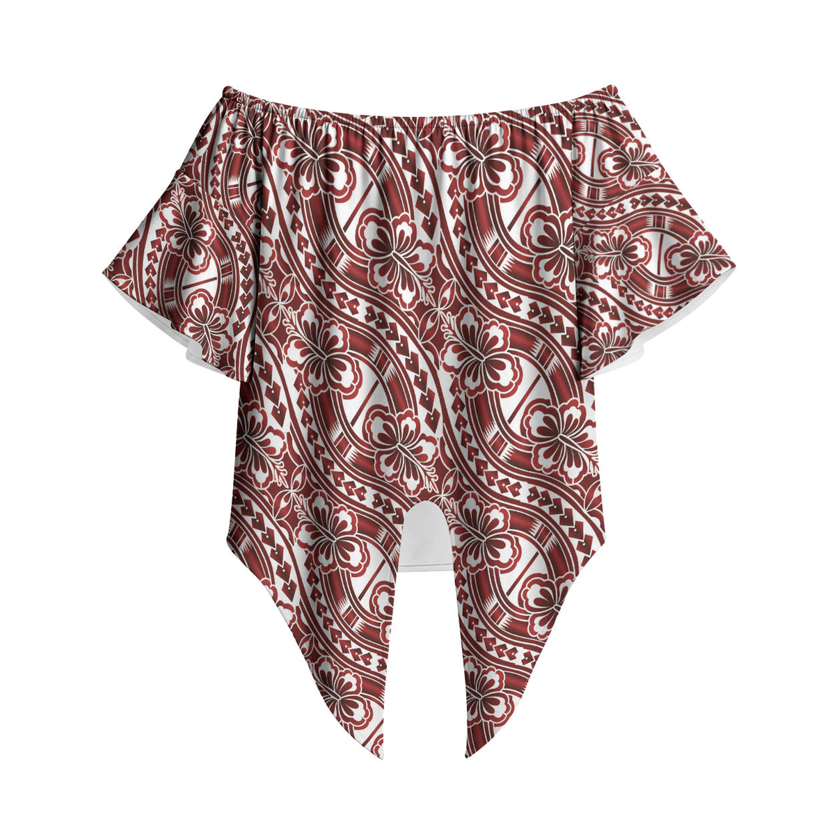 Hibiscus Bloom Island Tribal Waves Off Shoulder Wrap Waist Top Red Polynesian Pattern