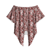 Hibiscus Bloom Island Tribal Waves Off Shoulder Wrap Waist Top Red Polynesian Pattern