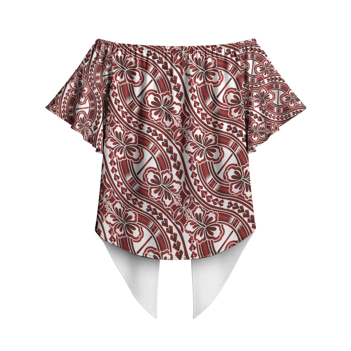 Hibiscus Bloom Island Tribal Waves Off Shoulder Wrap Waist Top Red Polynesian Pattern