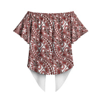 Hibiscus Bloom Island Tribal Waves Off Shoulder Wrap Waist Top Red Polynesian Pattern