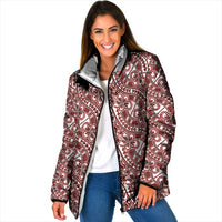 Hibiscus Bloom Island Tribal Waves Padded Jacket Red Polynesian Pattern