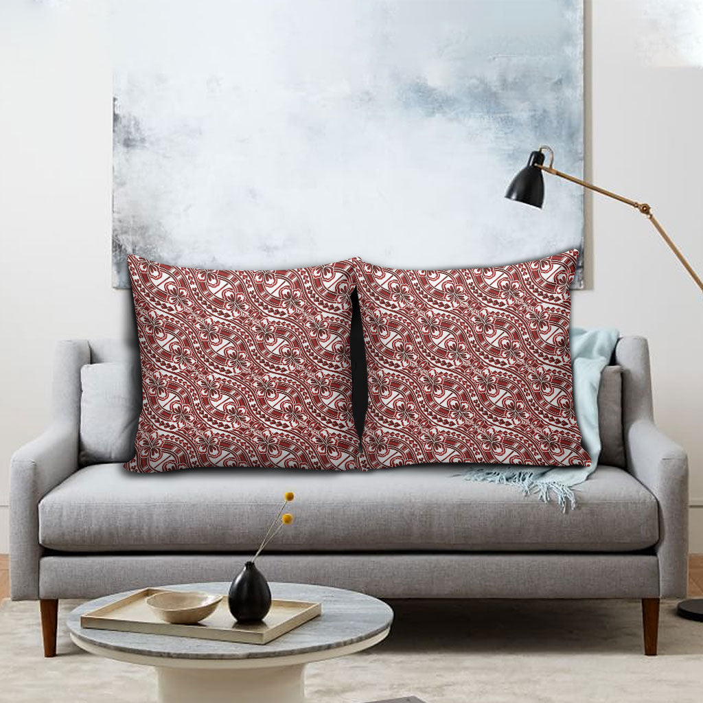 Hibiscus Bloom Island Tribal Waves Pillow Cover Red Polynesian Pattern