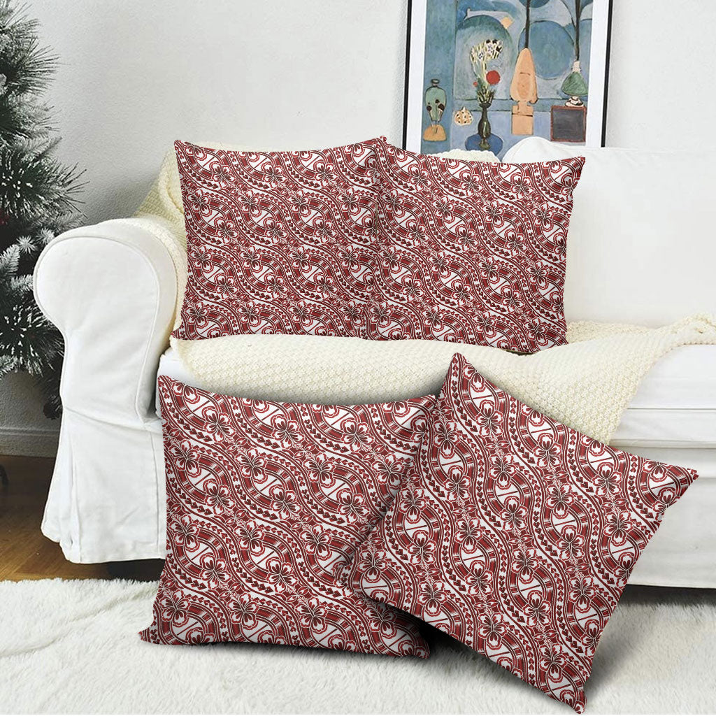 Hibiscus Bloom Island Tribal Waves Pillow Cover Red Polynesian Pattern