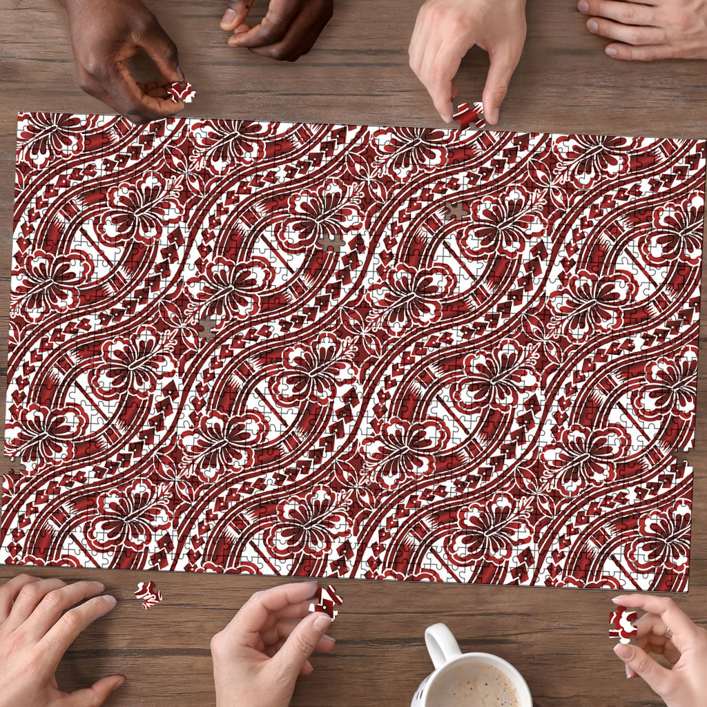 Hibiscus Bloom Island Tribal Waves Puzzle Red Polynesian Pattern