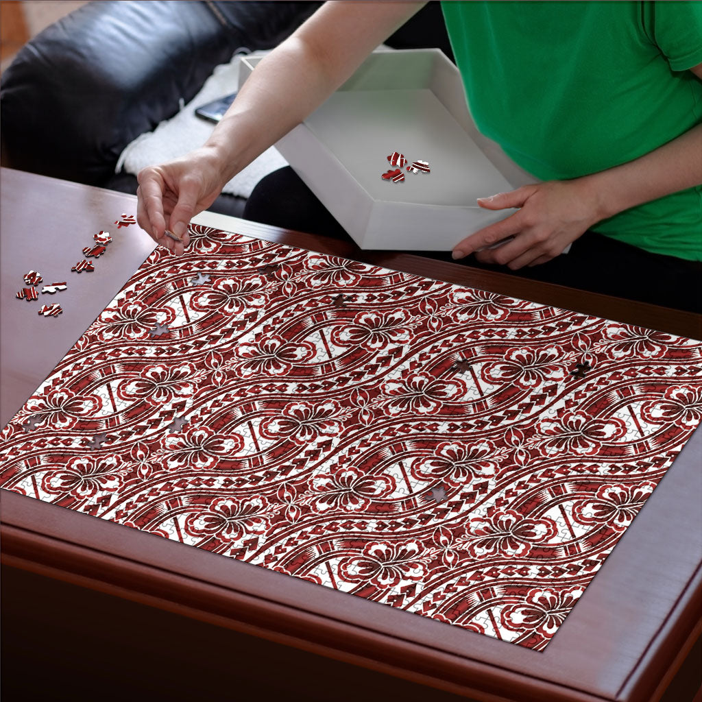 Hibiscus Bloom Island Tribal Waves Puzzle Red Polynesian Pattern