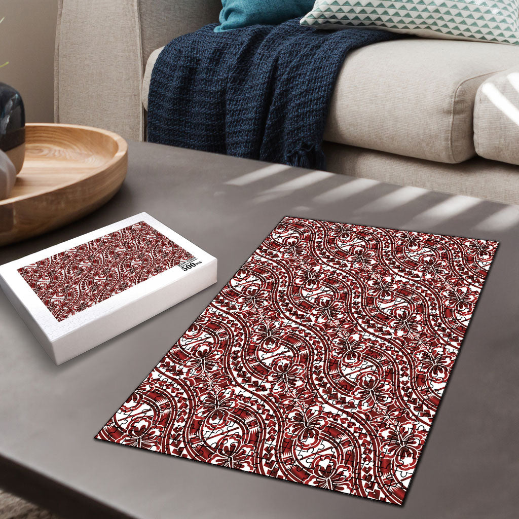 Hibiscus Bloom Island Tribal Waves Puzzle Red Polynesian Pattern