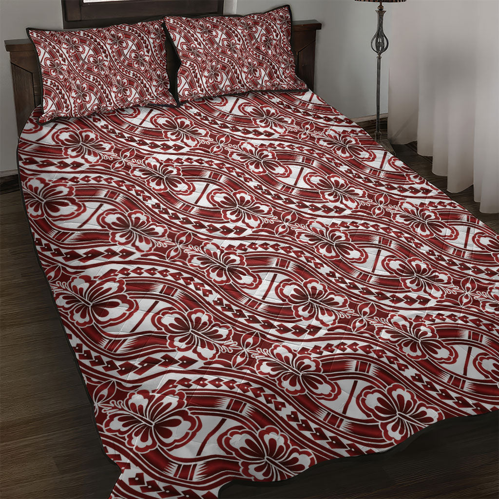 Hibiscus Bloom Island Tribal Waves Quilt Bed Set Red Polynesian Pattern