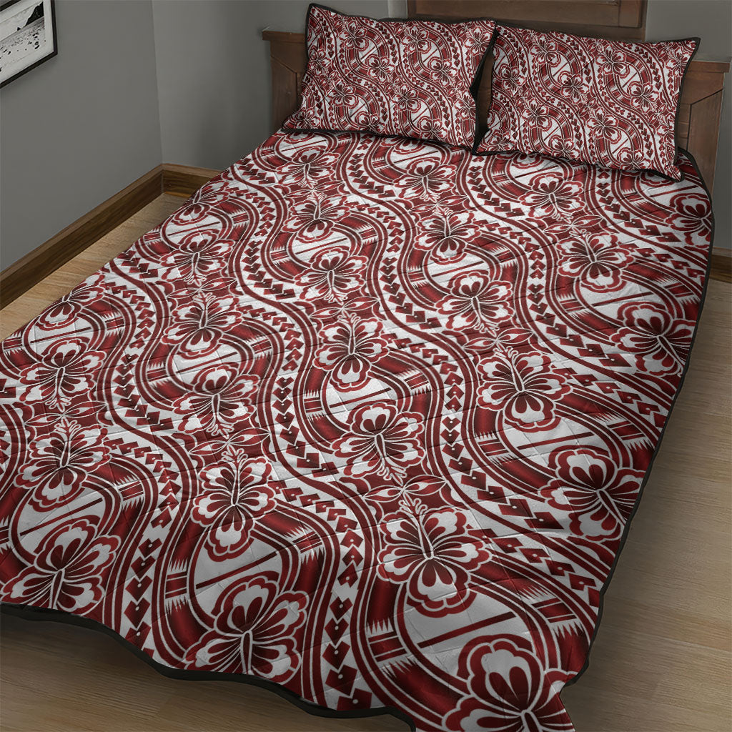 Hibiscus Bloom Island Tribal Waves Quilt Bed Set Red Polynesian Pattern